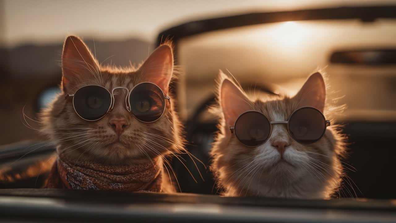 Due gatti eleganti con occhiali da sole che si godono un viaggio panoramico mentre il sole tramonta, catturando l'essenza dell'avventura e del divertimento in un ambiente automobilistico rilassato.