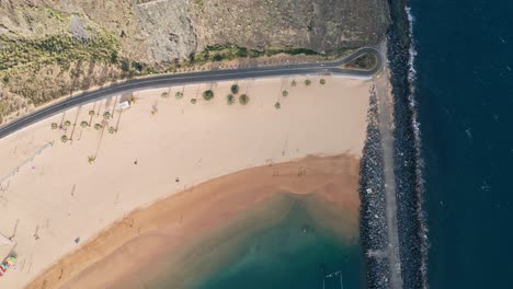 Overhead-Shot-Of-Distinctive-Sandy-Beach-Of-Teresitas-Near-Blue-Ocean,-Tenerife,-Spain