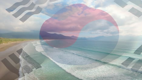 해변과 바다의 공중 뷰를 배경으로 한국  ⁇ 발을 흔드는 디지털 구성
