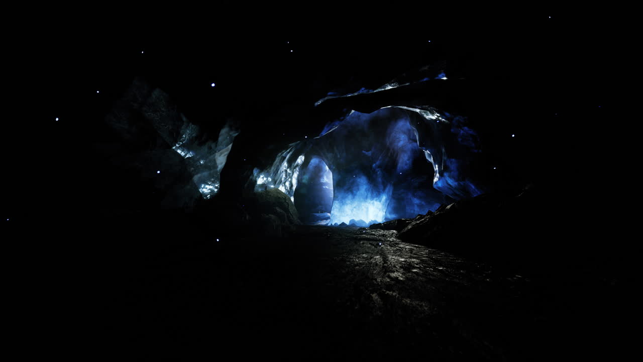 Mysterious cave illuminated by vibrant blue light and sparkling stars
