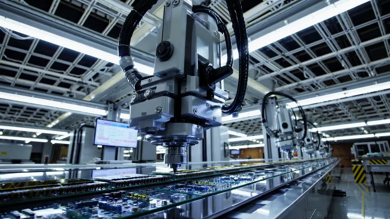 Low-angle video of a high-tech factory assembly line, showcasing advanced machinery and robotics