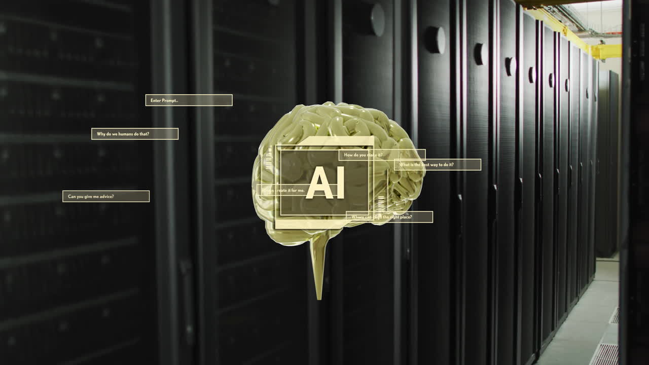 animación de un texto, cerebro y procesamiento de datos a través de servidores informáticos