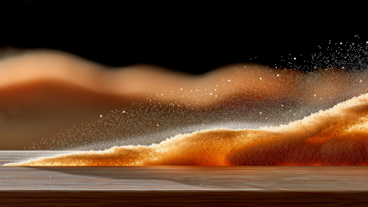 Golden dunes shift in sunlight. A vast desert landscape shows flowing sand dunes illuminated by golden sunlight, creating a serene, warm scene