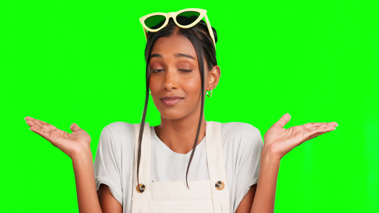 confundido, elección y manos con mujer india