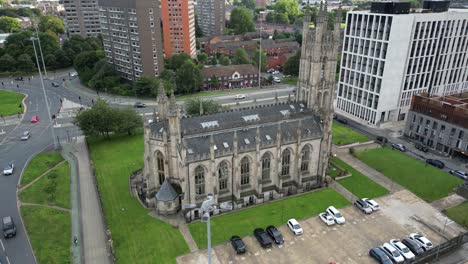 aerial drone flight around saint george's church in manchester city centre