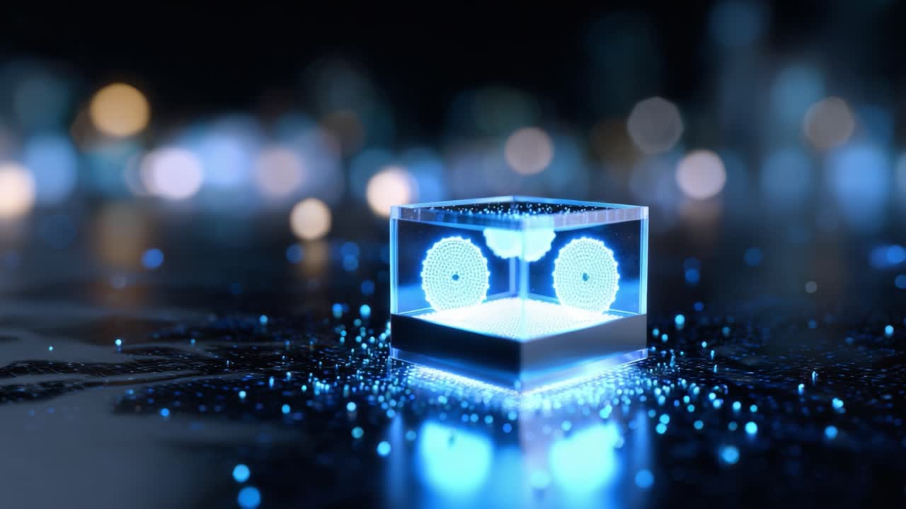 A Stunning Visual Representation of an Illuminated Blue Crystal Cube Featuring Complex Patterns and Bright Bokeh Background in a Vibrant Environment