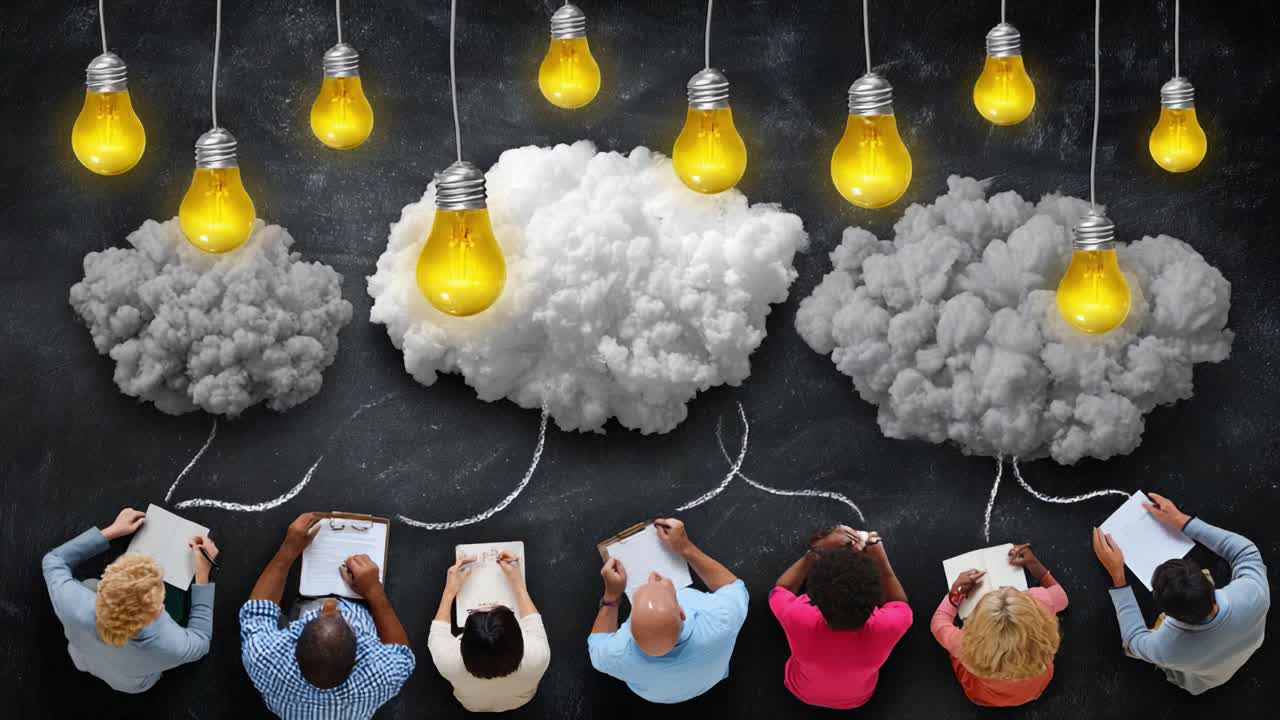 Engaging Minds: A Group of Diverse Individuals Sharing Ideas Under Illuminated Light Bulbs and Clouds, Symbolizing Collective Creativity and Inspiration in a Collaborative Environment