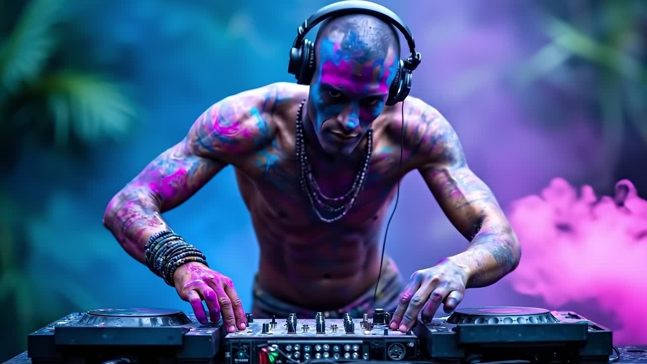 A man with colorful paint on his body playing a dj set