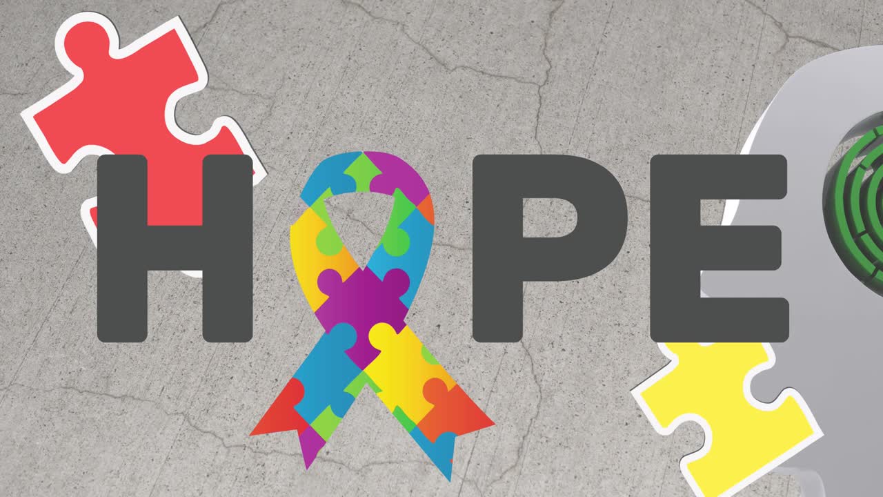 animazione di testo di speranza su puzzle che formano un nastro su sfondo grigio