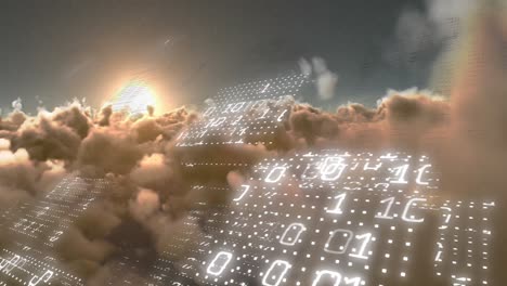 animation of binary coding data processing against clouds and shining sun in the sky