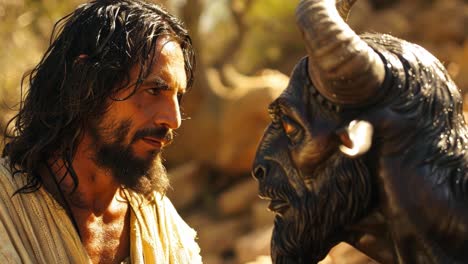 a man faces a horned demonic creature