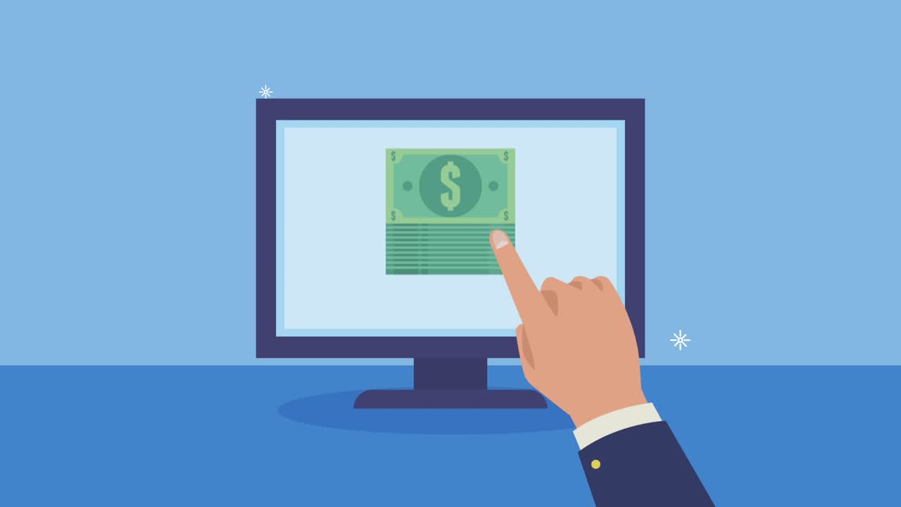financial business animation with bills and desktop