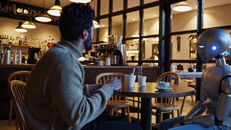 human and robot having a coffee meeting