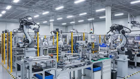 an advanced robotic assembly line featuring precision machinery and automated workstations in a modern industrial environment