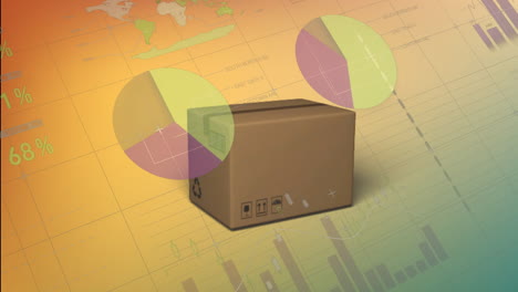 cardboard box with recycling symbols over logistics and data analysis animation