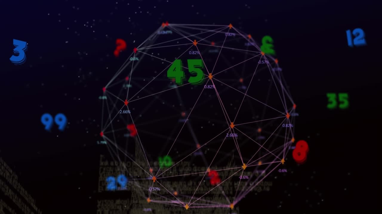 Animation af tal, forbindelser og en eksplosion på sort baggrund