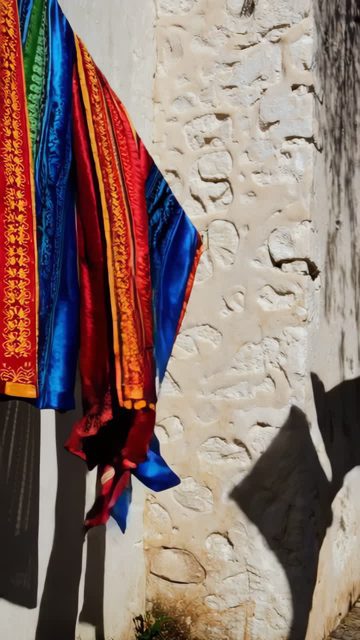 Colorful Fabrics Drying on a Stone Wall