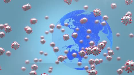 Animation-Von-Covid-19-Zellen,-Die-über-Den-Globus-Fliegen