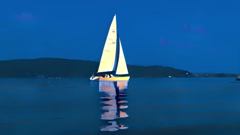 Cartoon-animation-of-small-boat-sailing-at-night-with-dark-blue-sky-and-mountains-in-background