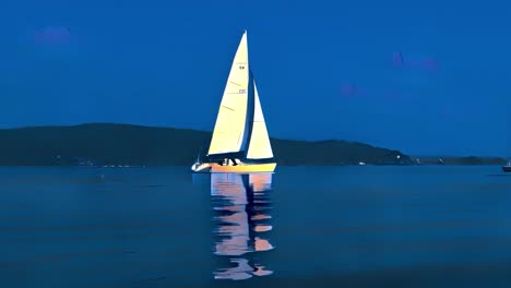 cartoon animation of small boat sailing at night with dark blue sky and mountains in background