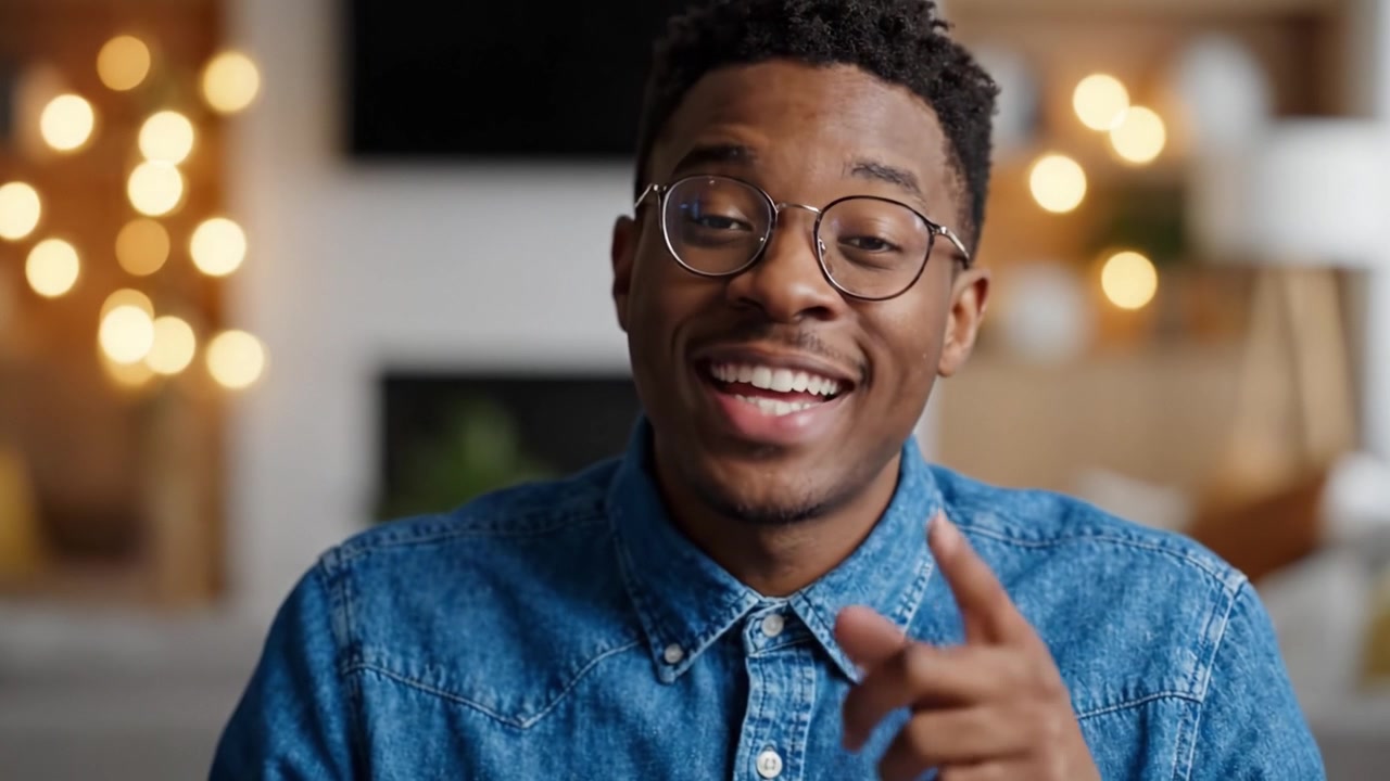 Jovem Cativante de Óculos Sorrindo e Falando em um Ambiente Interno Aconchegante, Rodeado por Luzes Quentes e uma Atmosfera Animada