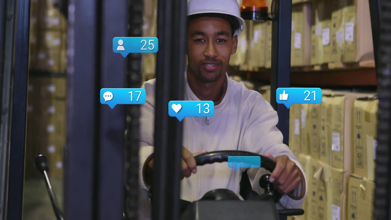 Operating forklift in warehouse, man with animation of social media icons