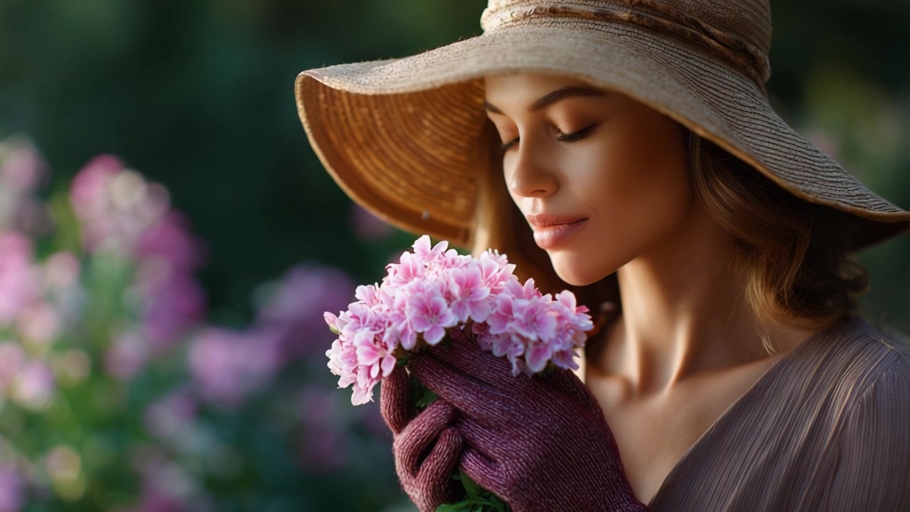 Un momento sereno catturato: una donna con un cappello di paglia che tiene un bouquet di fiori, immersa nella bellezza della natura e nell'essenza della fragranza floreale.