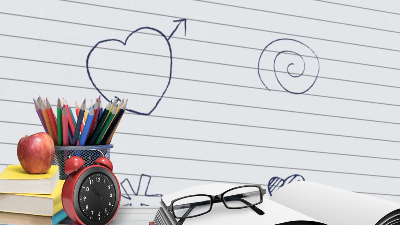 equipos escolares múltiples contra dibujos en papel con líneas blancas