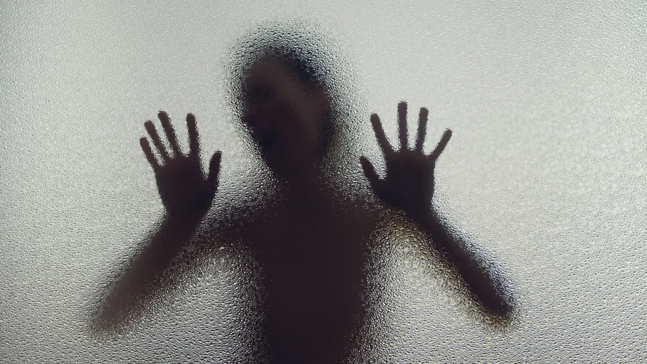 A female silhouette behind the frosted glass moves slowly and screems