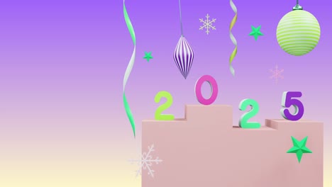 Animation-of-2025-number-over-new-year-and-christmas-decorations-on-purple-background