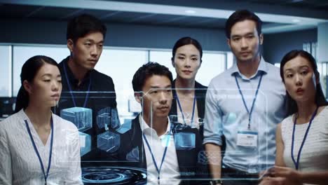 a group of diverse professionals engaged in a modern technology discussion, analyzing digital data visualizations in a high-tech conference room setting