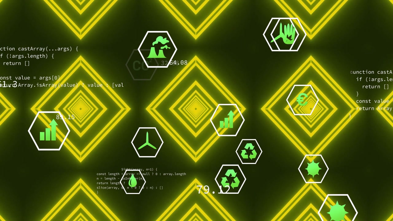 Opening rotating diamond grid while icons drifting and code scrolling simulating data updates