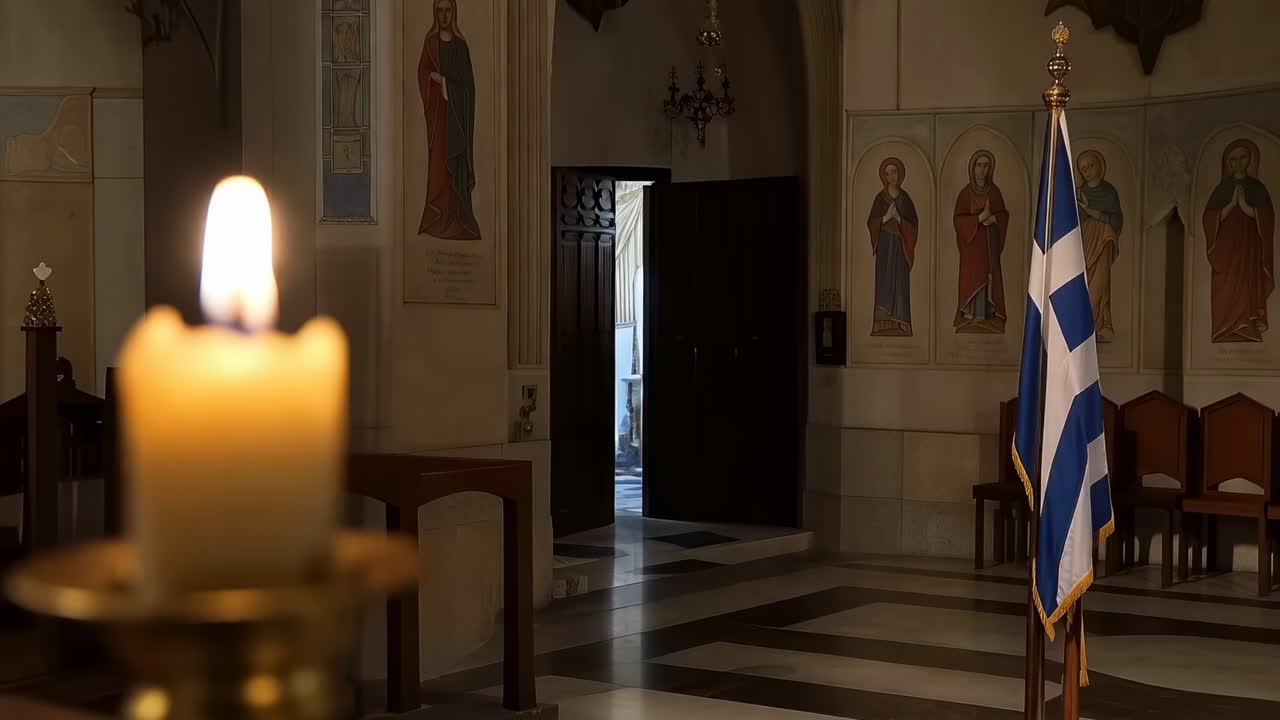 Responding candle on brass holder in church nave, Greek flag, open door creating draft, copy space