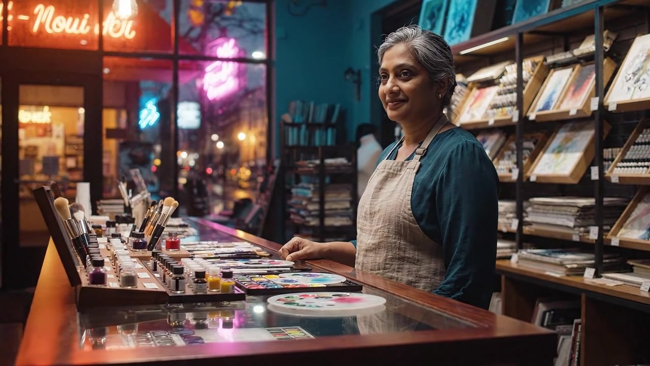 Un'artista dedicata ammira la sua colorata collezione di forniture e materiali per la pittura in un vivace negozio d'arte, favorendo la creatività e l'ispirazione per il suo prossimo capolavoro.