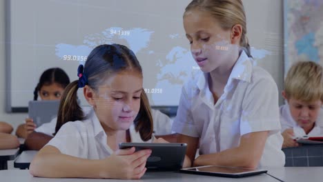 animation of data processing over caucasian school children with tablets