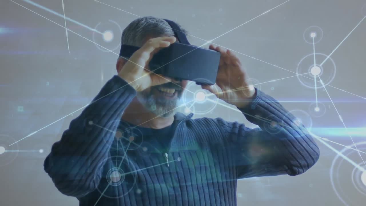 Animazione di rete di connessioni su uomo caucasico che indossa un visore VR