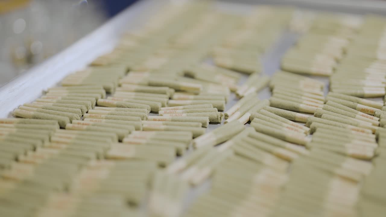 금속 트레이에 있는 사전 롤 대마초 조인트에 대한 모션  ⁇ , 클로즈업