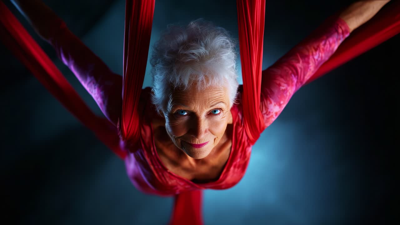 An Energetic Aerial Performer Captivates the Audience with Her Grace and Strength, Defying Age and Gravity Through Spirited Movement in Stunning Red Silks