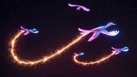 a stunning display of colorful birds soaring across a starry sky, leaving a trail of sparkling light and energy, creating a fabulous visual experience