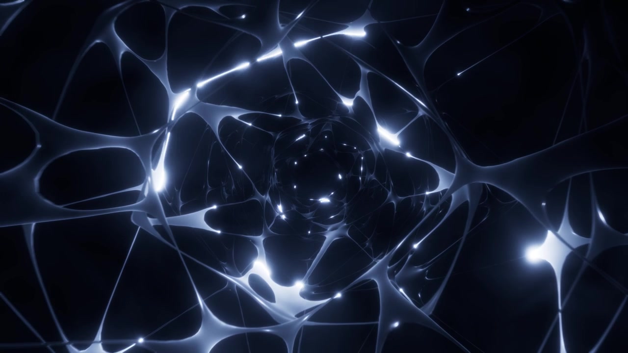 Abstract Blue Neural Network with Glowing Synapses in Dark Space