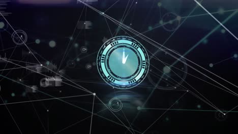 reloj de neón haciendo tic-tac sobre la red de conexiones y procesamiento de datos sobre fondo negro