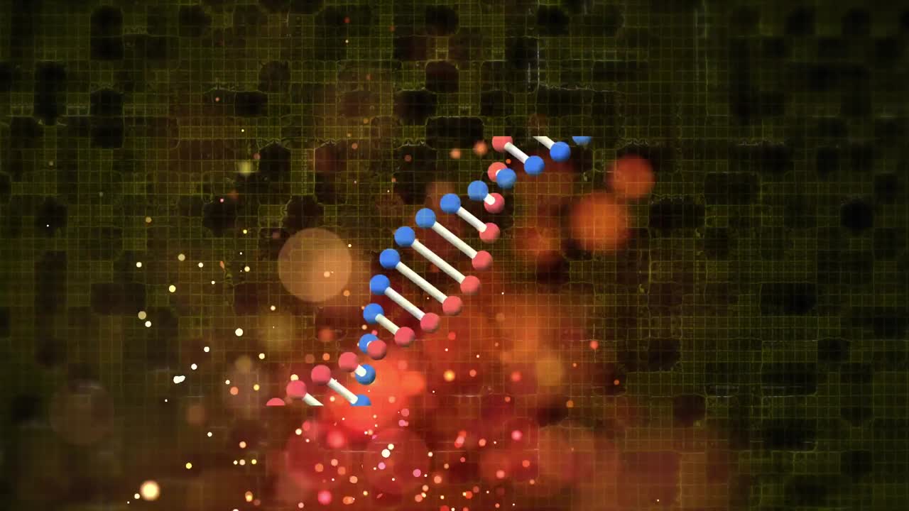 Animation of rotating dna strand with red bokeh lights and glowing particles over dark background
