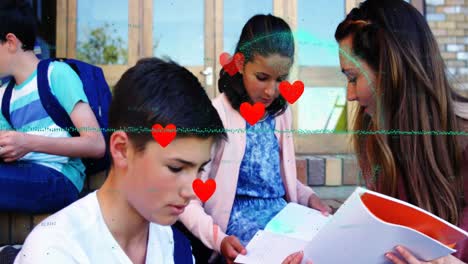 Animation-of-hearts-floating-and-graph-over-diverse-pupils-at-school