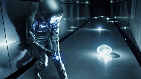 astronaut examining glowing object in futuristic corridor