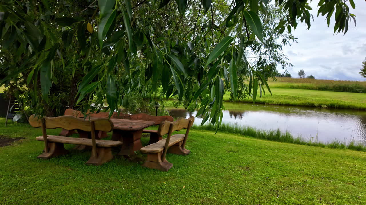 Slow motion view of a wooden sitting beside a canal during daytime.