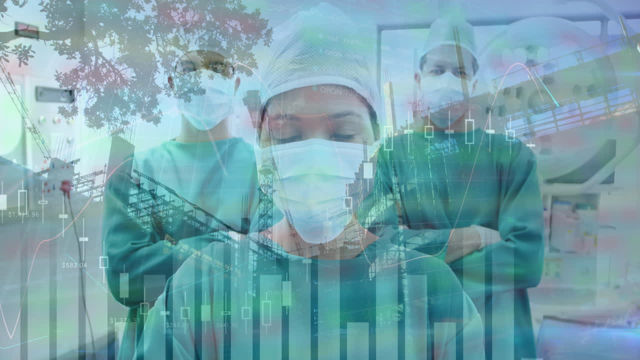 다양한 의사와 도시 풍경에 대한 금융 데이터 처리의 애니메이션