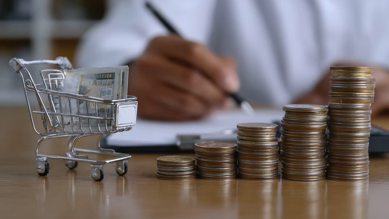 Explorando Estratégias de Orçamento Através de Recursos Visuais: Uma Jornada Financeira com Moedas e Carrinhos de Compras Destacando Poupanças e Investimentos.