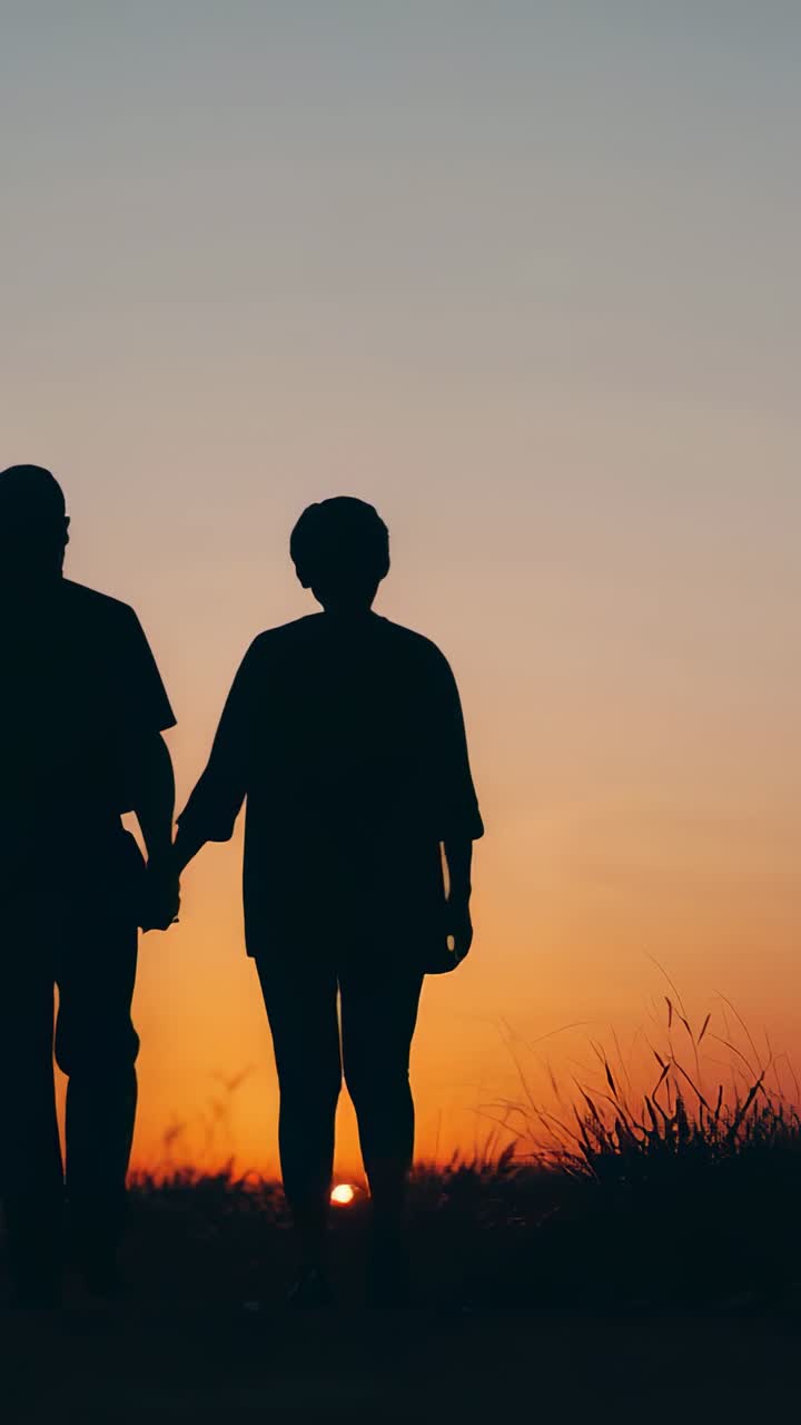 Video verticale: coppia che cammina tenendosi per mano, con abbigliamento casual su un crinale erboso al tramonto, mentre guarda il cielo