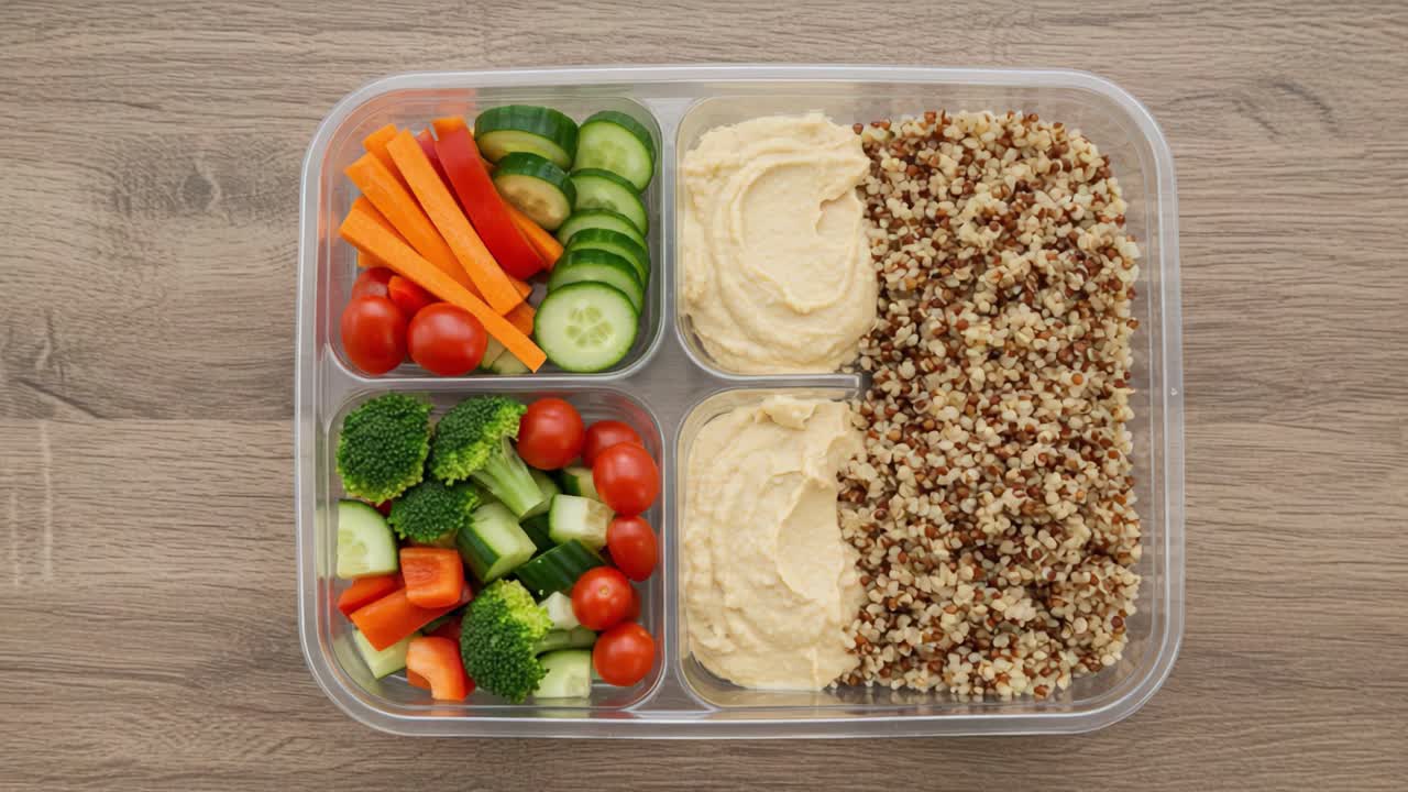 Healthy Meal Prep with Quinoa, Fresh Vegetables, and Creamy Hummus: A Nutrient-Rich Food Container for Balanced Eating and Wellness