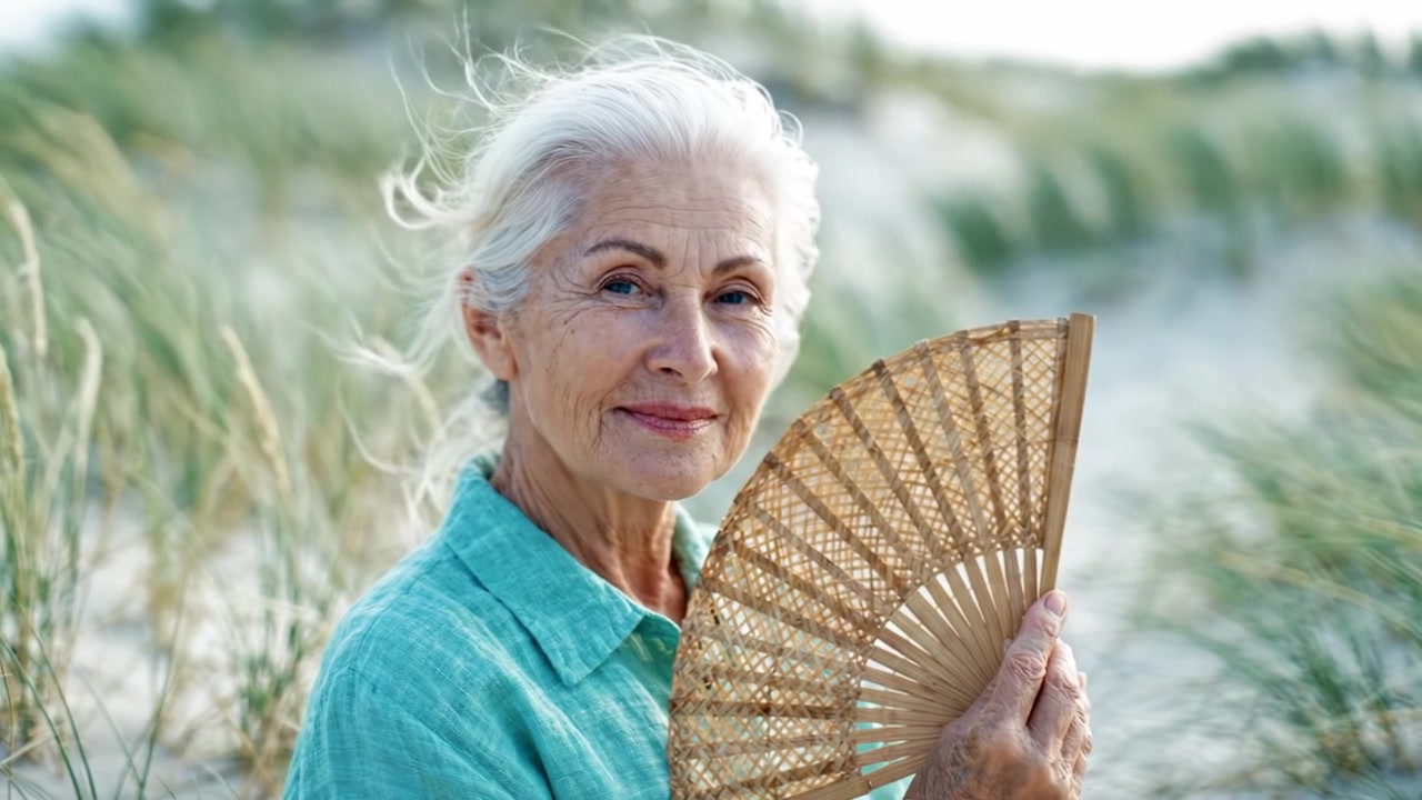Donna anziana che tiene in mano un ventaglio tradizionale in spiaggia tra l'erba alta, irradiando serenità e contentezza nell'abbraccio della natura.